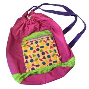 80s Style Backpack Pink Geometric Bookbag Cinch Tote Retro Colorful Festival Y2K